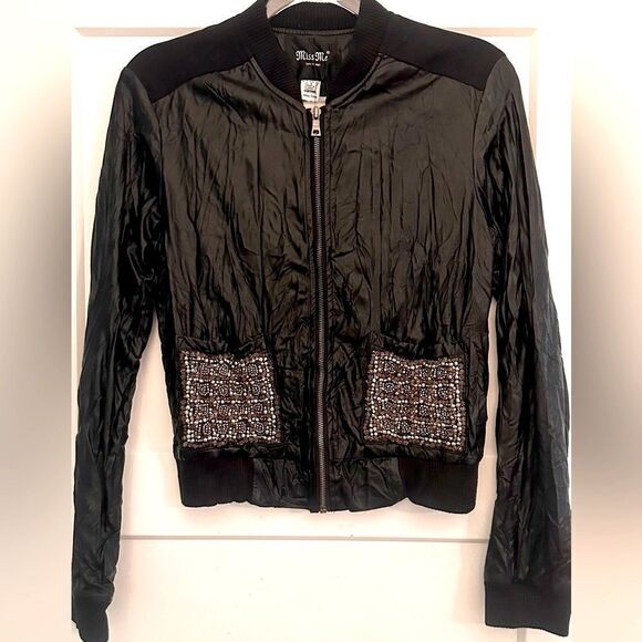 Miss Me Black Metallic Beaded Moto Vegan Leather Jacket - Picture 3 of 11